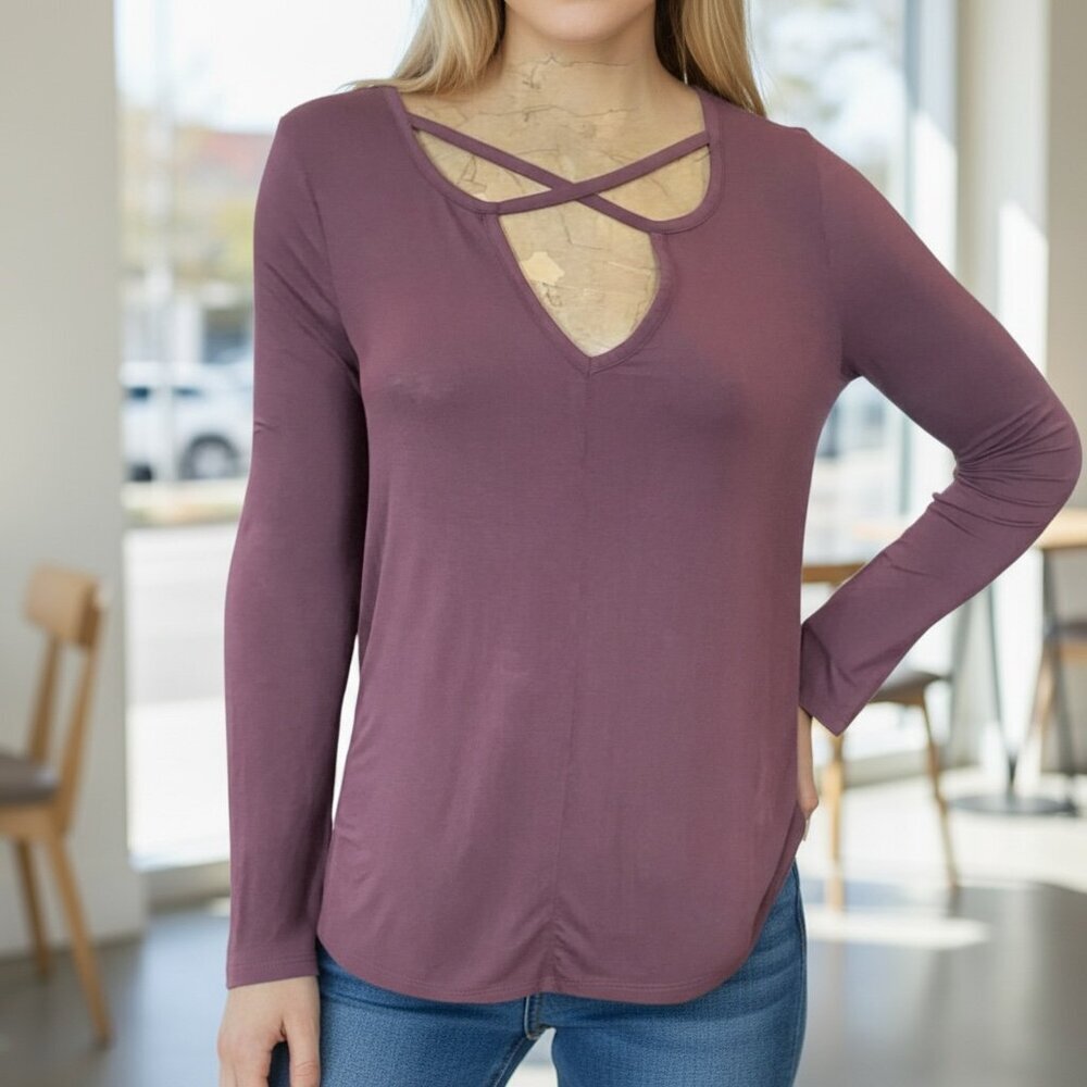 White Crow Front Crisscross V-Neck Long Sleeve Top M‎ Burgundy/Plum 301L
